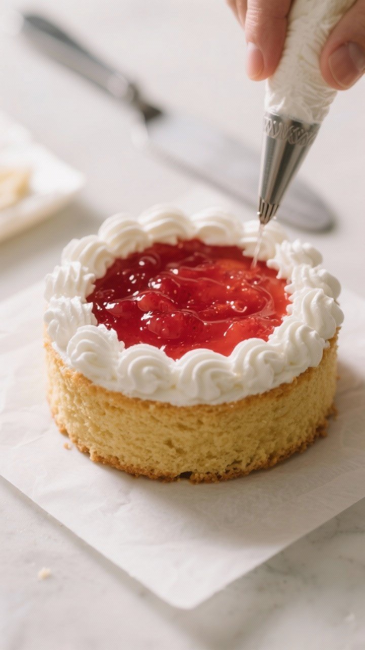 5–4-inch bento cake being assembled on a parchment square, first layer brushed lightly with glossy