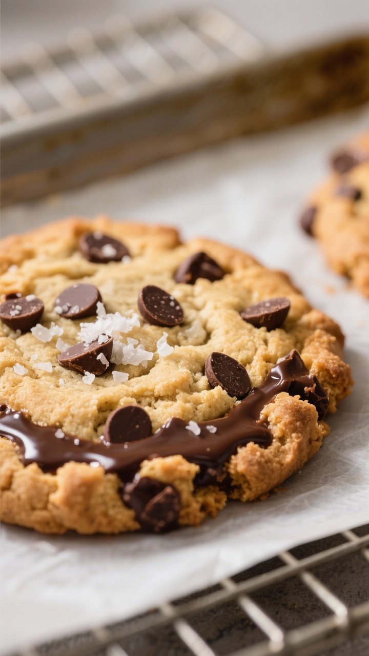 Close-up detail shot of a freshly baked chocolate chip cookie just off the tray: golden, ruffled “