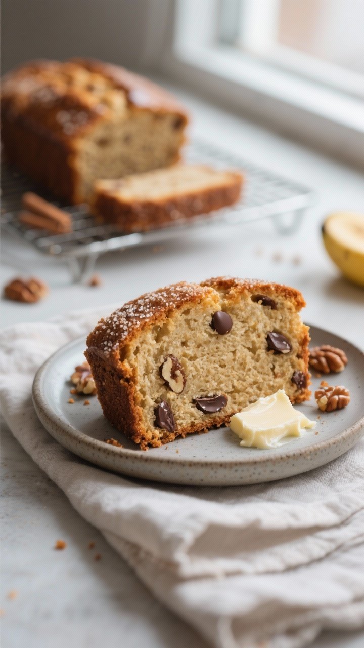 Close-up detail shot of freshly baked banana bread slice on a small matte stoneware plate, focus on