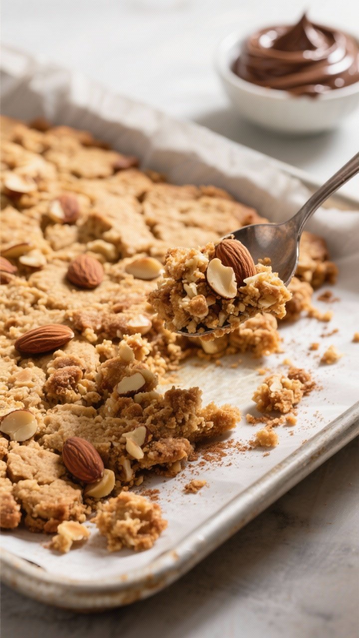 Close-up process detail: freshly toasted cookie–almond crumble just out of the oven on a parchment