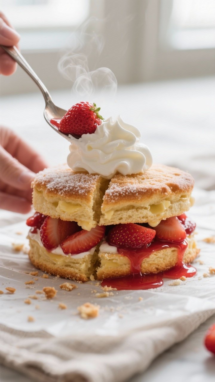 Cooking process, close-up detail: Split, just-baked shortcake being assembled while still warm—gol