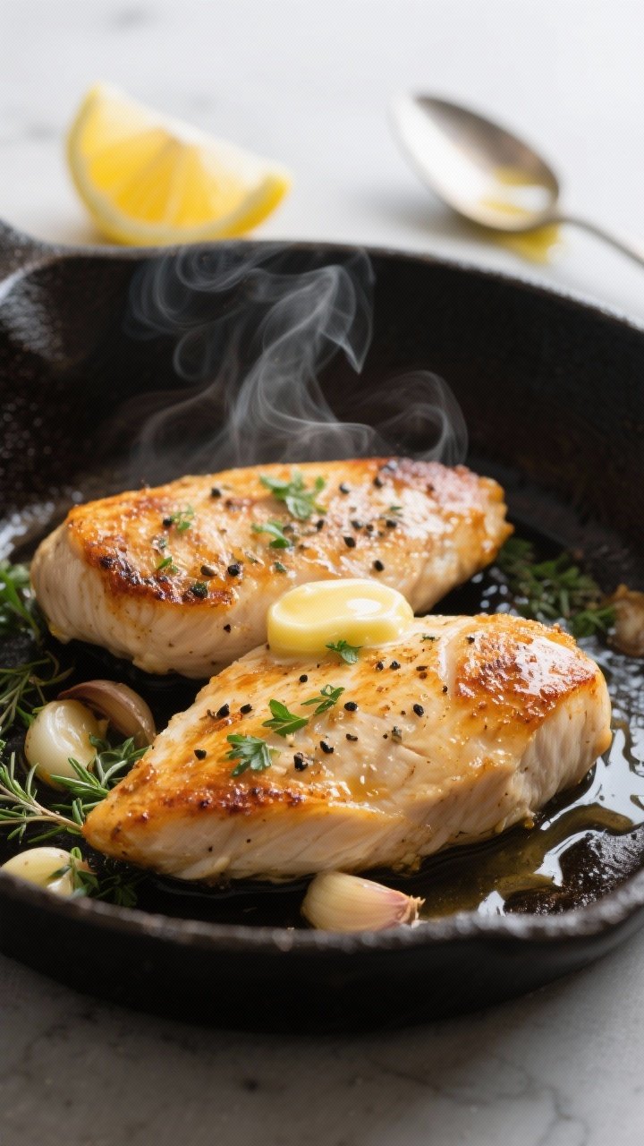 Cooking process close-up: Searing Lemon Herb chicken breasts in a preheated cast-iron skillet, deep