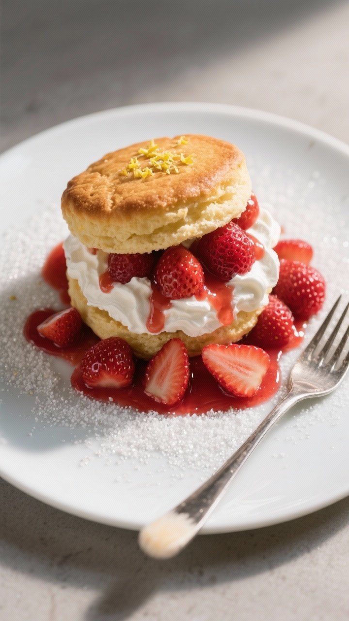 Final dish, tasty top view: Overhead shot of a fully assembled strawberry shortcake on a matte white