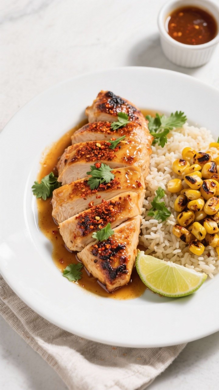 Final plated overhead: Smoky Paprika Honey chicken breast sliced against the grain and fanned on a w