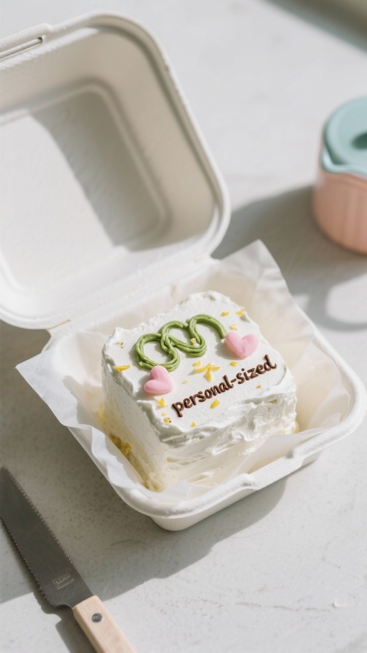 Final presentation overhead: Finished minimalist bento cake in a white paper lunchbox lined with nea