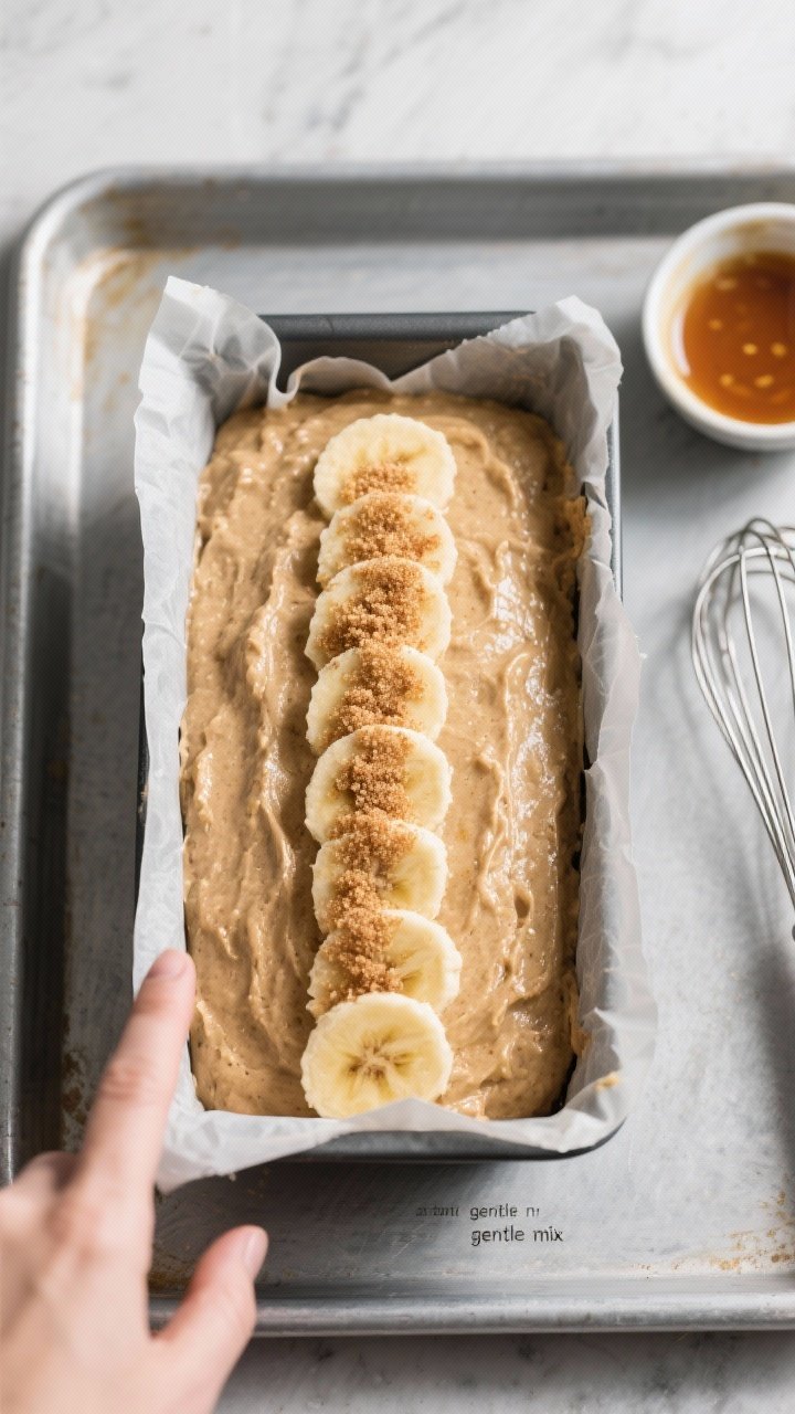 Overhead cooking-process shot of the batter just poured into a parchment-lined 9x5-inch loaf pan, to
