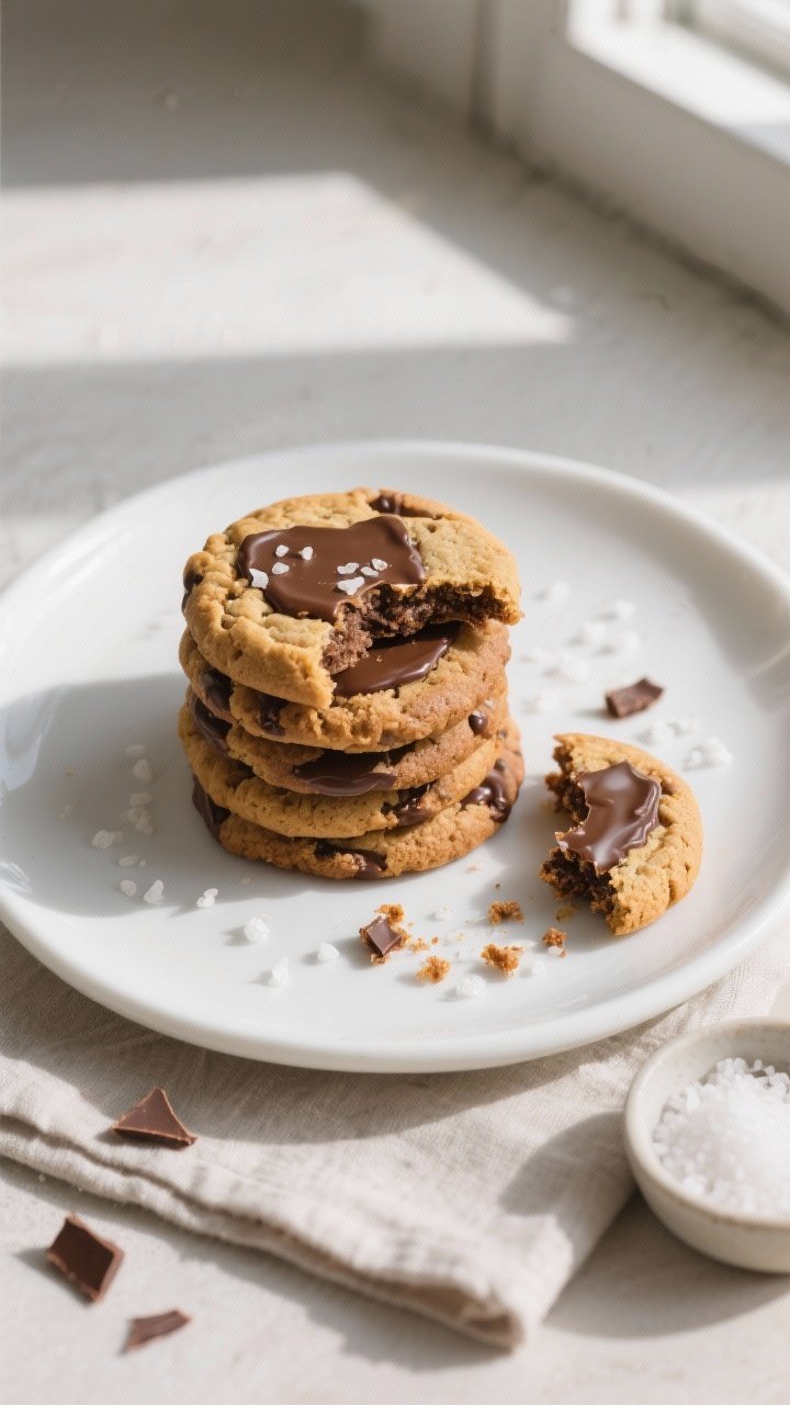 Overhead “final presentation” shot of a plate of cookies after cooling: a clean white ceramic pl