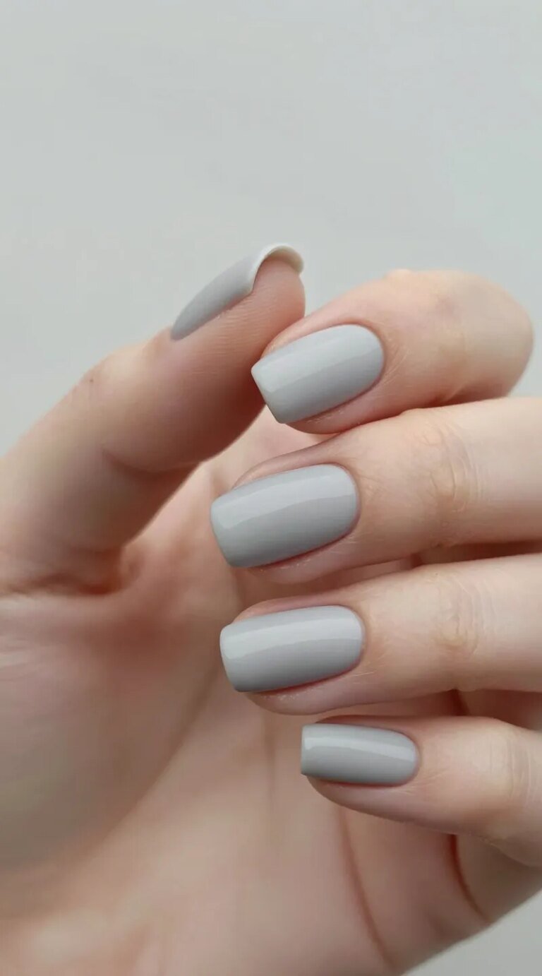 "A high-resolution, close-up photo of well-manicured nails painted in a soft, misty grey shade with a luxurious matte finish. The nails are smooth, evenly coated, and perfectly shaped, exuding timeless sophistication. The lighting is soft and diffused, mimicking a cloudy day, with a neutral background that enhances the understated elegance of the color. The composition focuses on the nails, with subtle shadows and highlights to emphasize the matte texture, making it look polished and chic. The overall vibe is serene, classic, and effortlessly stylish, suitable for professional or refined social settings."