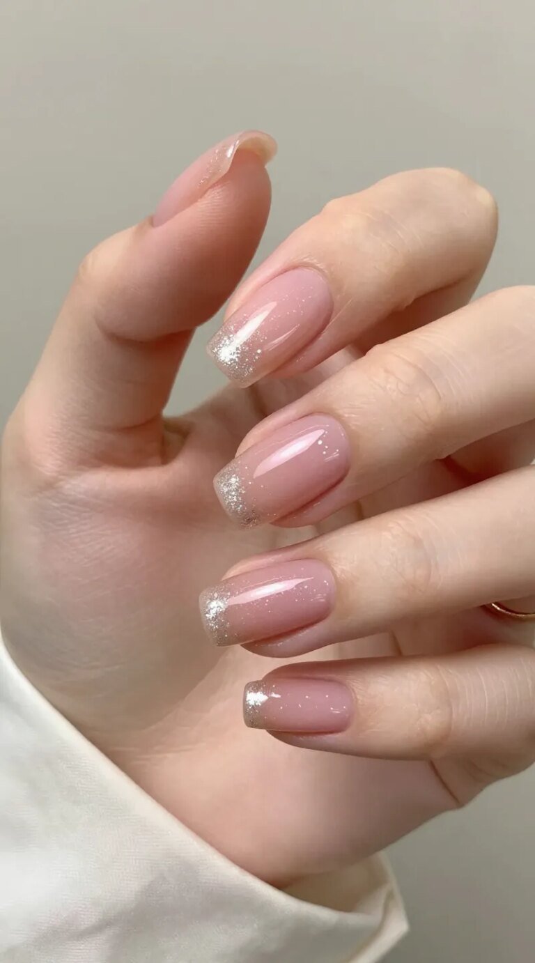 Ultra-realistic close-up of a hand with short, softly rounded nails featuring a “micro-glitter sheer glaze”: a translucent jelly base in soft pink-nude with ultra-fine silver micro-glitter concentrated subtly near the tips for a diffused, glassy sparkle. Finish is high-shine and expensive-looking, not chunky or loud. Nails appear office-friendly and elegant, with natural cuticles and healthy skin tone. Lighting is bright, soft studio light that enhances the glossy, wet-look sheen and tiny sparkle without harsh reflections. Minimal, chic background in neutral beige or soft gray, with a blurred silk blouse cuff and a delicate gold ring to suggest versatility with any outfit. Composition focuses on 3–4 fingers angled slightly to showcase the gradient glitter at the tips and the sheer, “your nails but glowier” effect. High-resolution, beauty editorial style, natural color grading, no over-saturation, no heavy retouching, realistic skin texture.