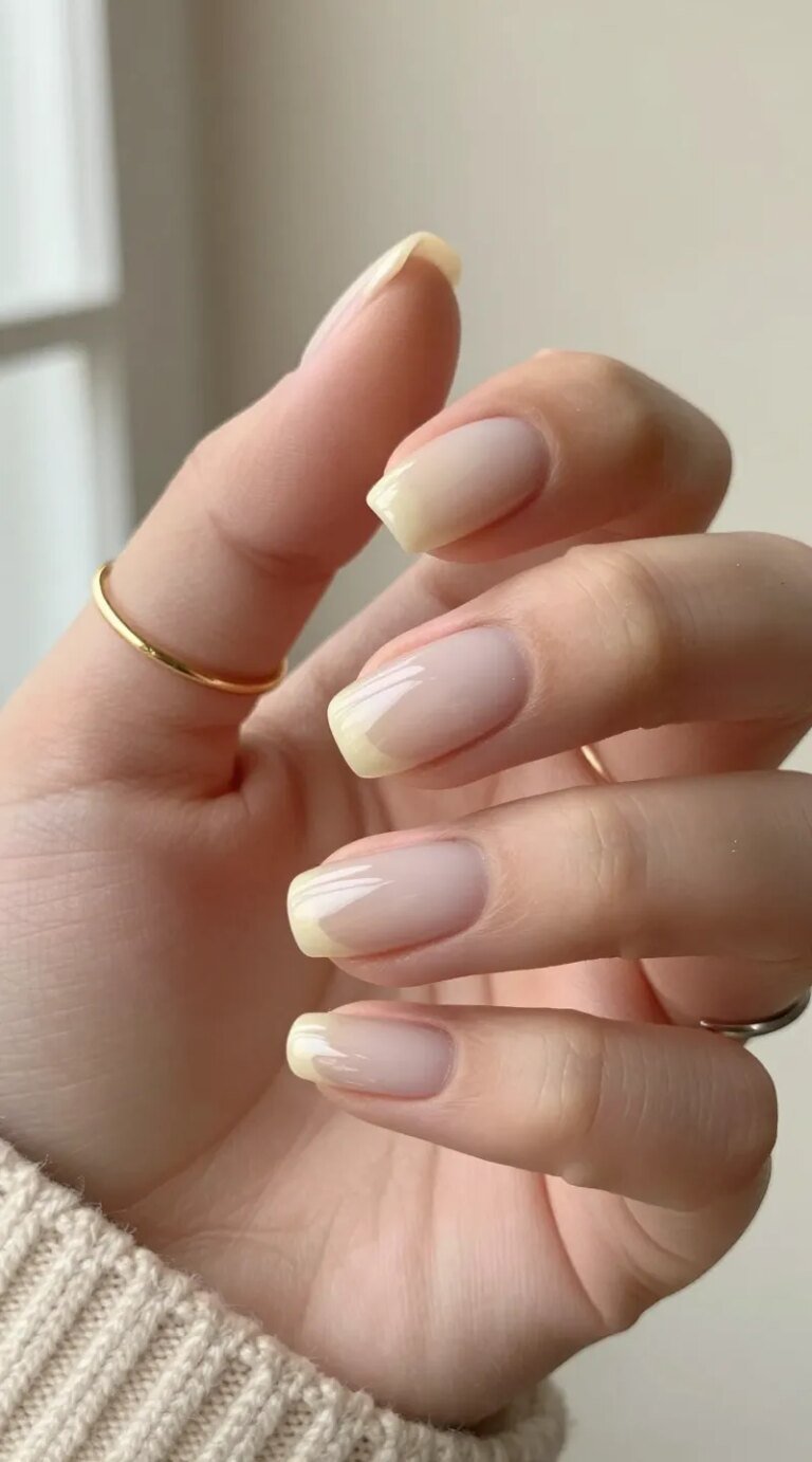 Ultra-realistic close-up photo of a hand with short to medium-length natural nails painted in a soft, milky vanilla sheer polish that subtly blurs the free edge, creating a clean, healthy glow—like a skincare filter for nails. The finish is glossy but delicate, showing natural nail bed through a diffused veil. Skin tone is neutral-light with hydrated, soft texture. Minimal, elegant styling: a thin gold stacking ring on one finger and a simple silver band on another to show versatility with both metals. Background is softly lit, neutral cream-beige with gentle window light, faint shadows, and a lifestyle feel (hint of a knit sweater cuff in creamy oatmeal at the wrist). Composition focuses on the nails at 45-degree angle, shallow depth of field, high-resolution macro detail, natural color grading, no harsh reflections or heavy retouching—fresh, effortless, “I woke up like this” manicure aesthetic.