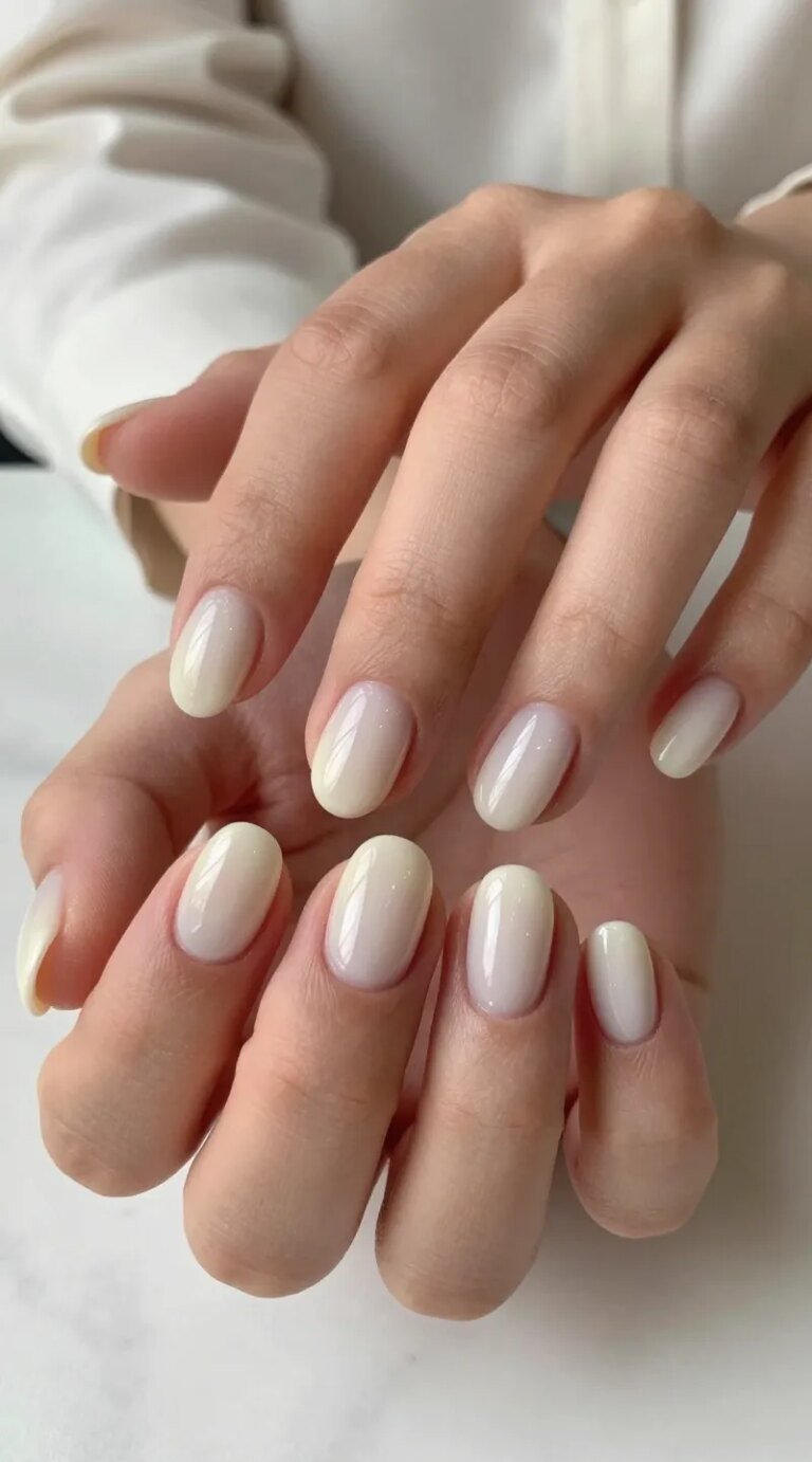 Ultra-realistic close-up photo of a woman’s hands showcasing a “classic milky vanilla sheer” manicure: short, softly rounded nails with two ultra-thin coats of sheer ivory jelly polish, subtly translucent at the tips, and a high-gloss, glassy topcoat that gives a “dipped in milk” finish. Skin tone is neutral-light to medium for natural contrast, cuticles immaculate, no visible brush strokes. Lighting is soft, bright, and diffused (studio daylight) to emphasize the creamy undertone and reflective shine without harsh glare. Background minimal and elegant—clean white or pale beige marble surface with a blurred hint of a silk blouse cuff to suggest work-to-wedding versatility. Composition centered on the nails with shallow depth of field, editorial beauty style, 50mm lens equivalent, high resolution, true-to-life color, no filters, no heavy retouching. Include subtle reflections on the nail surface to enhance the glossy, clean-girl aesthetic and an overall polished, effortless vibe.