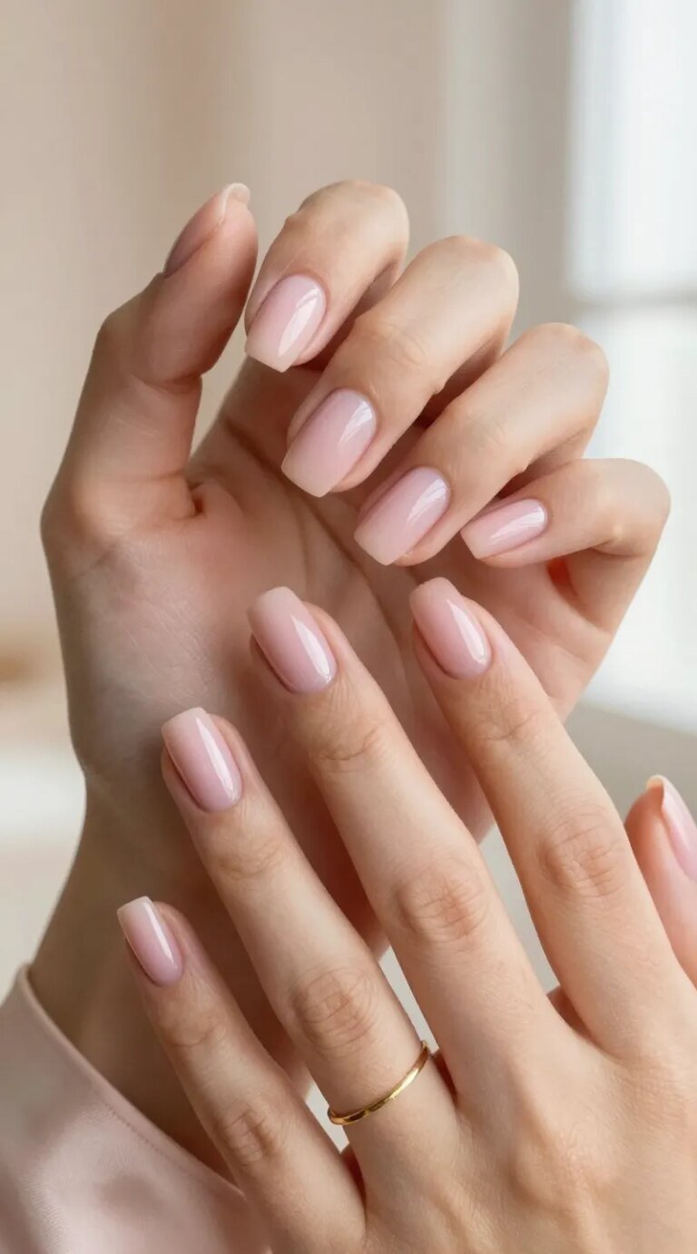 Ultra-realistic close-up photo of a woman’s hands with short, neatly filed nails painted in a sheer milky pink jelly polish; two thin, even coats create a “your nails but better” look with no streaks, finished with a ultra-gloss, glassy topcoat that reflects soft light. The nails look clean, classy, and subtly flirty, flattering warm medium skin tone (include subtle skin texture and natural cuticles). Soft, romantic lighting with gentle highlights and creamy background bokeh in blush and champagne tones. Minimal styling: a delicate gold ring and a silky blush slip dress cuff peeking into frame. Composition focuses on the nails from multiple subtle angles (thumb slightly turned) to showcase translucency and shine. Color palette: whisper-pink, milk-glass, warm nude, soft gold. Photographic style: high-resolution beauty macro, natural daylight window light, shallow depth of field, editorial elegance, zero harsh shadows, no distracting props.