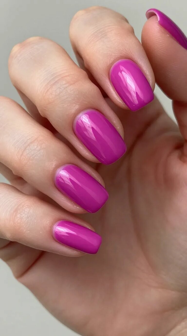 Ultra-realistic close-up photo of a hand with medium-length oval nails painted in a classic, high-shine true magenta (balanced between pink and purple), captured in soft natural daylight. The polish appears glassy and flawless with a ridge-free, smooth surface and mirror-like reflections. No nail art, no embellishments—just a timeless, bold, polished magenta manicure. Skin tone is neutral-medium with subtle hydration; cuticles neat and clean. Background is minimal and softly blurred (neutral gray or off-white) to keep focus on the nails. Composition shows fingers gently curved holding a simple clear glass or phone edge to emphasize the glossy finish. Photography style: beauty editorial macro, high-resolution, crisp details, soft shadows, realistic color accuracy.