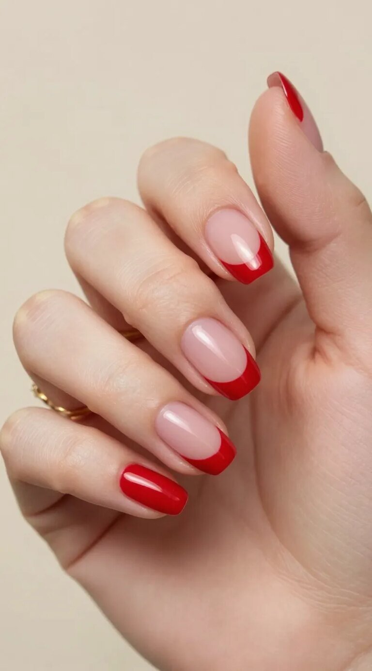 Ultra-realistic close-up photo of a hand with a classic half-moon manicure: sheer pink-nude base creating a crisp bare half-moon at the cuticle, topped with a rich, glossy bold red on the rest of the nail. Nails are medium-short, softly rounded/oval for a timeless Old Hollywood vibe updated for 2026. The finish is glass-like with high shine, showing subtle reflections. Skin tone is natural and well-moisturized with minimal retouching. Include a faint glimpse of a gold vintage ring to enhance the glamorous, effortless feel. Lighting is soft studio light with gentle highlights on the curved moons and red lacquer. Background is blurred champagne-beige to keep focus on the nails. Composition: angled three-quarter hand pose, thumb partially visible, showcasing the clean half-moon line and precise cuticle work. High-resolution, beauty editorial quality, realistic texture, no text, no excessive props.