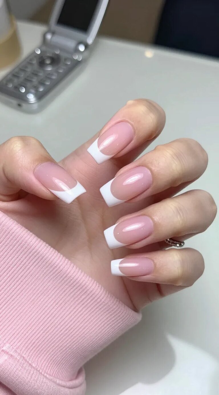 Ultra-realistic close-up beauty photo of a hand with salon-perfect “Frosted Pink French, But Make It Glossy” nails: medium-length square or soft-square tips, sheer milky pink jelly base (translucent, frosted look) with crisp, bright-white French tips; ultra high-shine gel top coat with clear reflections. Skin tone inclusive lighting, soft diffused daylight. Subtle Y2K styling cues: a pale pink velour tracksuit sleeve and a sparkly flip phone in the blurred background, plus a delicate diamond tennis bracelet for Paris Hilton–era polish. Clean, modern composition on a glossy vanity surface with faint reflections; color palette of frosted pinks, whites, and silvers. Emphasize immaculate cuticles, glassy finish, and precise smile lines. 85mm macro, f/2.8, natural softbox light, ultra-detailed texture, photorealistic, editorial beauty photography.