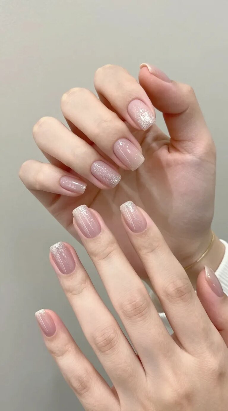 Ultra-realistic close-up photo of well-groomed hands with short, oval nails featuring a classic micro-glitter overlay manicure. The nails have a sheer pink to milky beige base with one thin, even layer of ultra-fine silver micro-glitter that twinkles subtly under soft natural light. Finish is glossy and smooth, with no chunky texture. The look is clean, chic, and office-friendly. Skin tones are natural, cuticles neat, and the composition is minimalist: neutral background (soft beige or light gray), delicate jewelry (thin gold band), and a hint of a white blouse cuff to suggest a polished everyday vibe. High-resolution beauty photography, shallow depth of field, soft shadows, color-true representation, editorial quality.