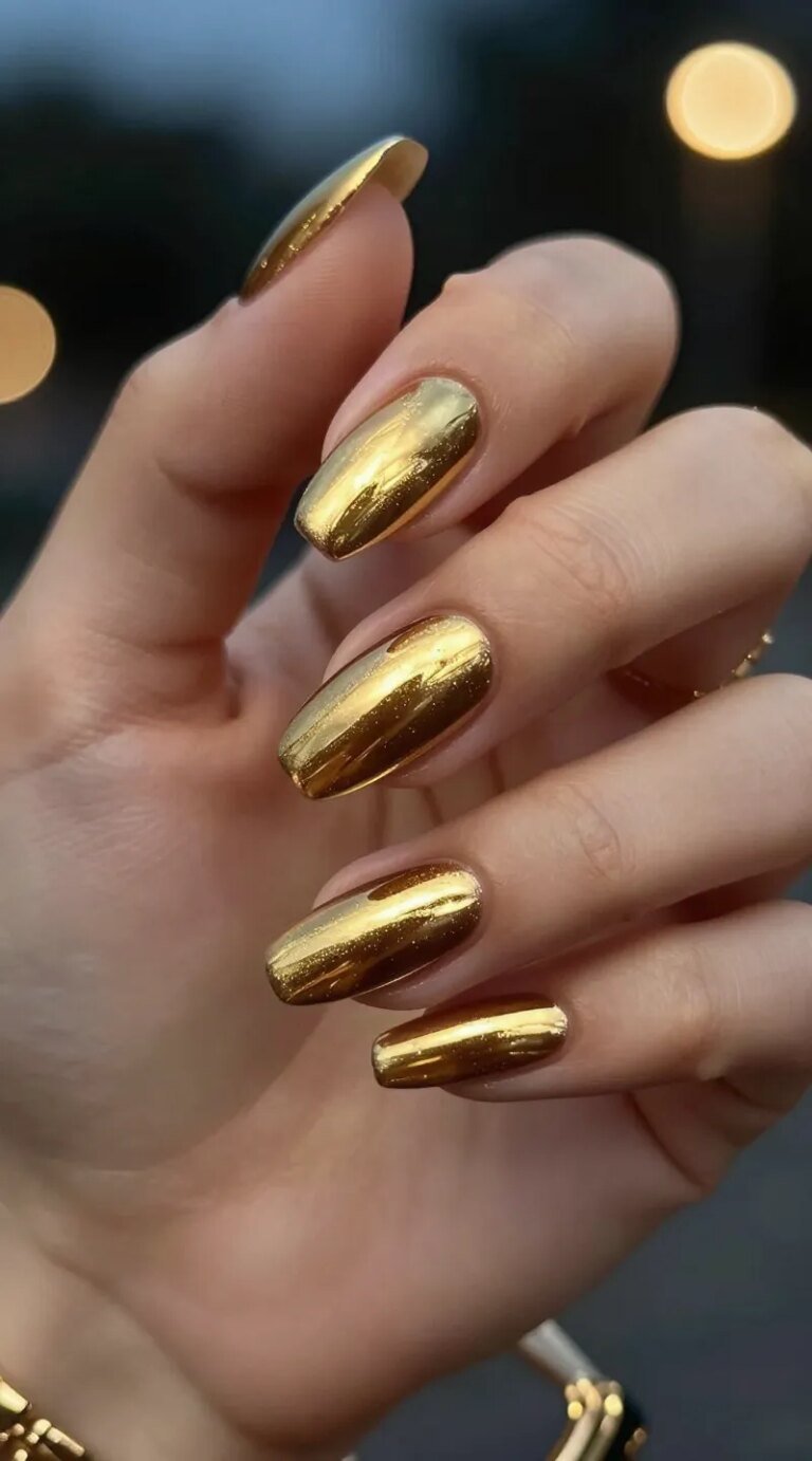 Ultra-realistic close-up photo of a hand with almond-shaped nails featuring a molten gold chrome manicure, each nail reflecting like liquid metal with a flawless mirror finish. The gold hue is rich and warm, catching light with dramatic high-shine highlights and soft gradients that emphasize a glassy, reflective surface. Subtle skin texture and natural tones show inclusivity (medium-deep skin tone), with the nails appearing freshly done and perfectly smooth. A soft, moody evening background with blurred bokeh lights suggests a night-out vibe, adding glamour without distracting from the nails. Include faint reflections of ambient light on the nail surface to showcase the chrome effect. Style notes: modern, editorial beauty photography, studio lighting with diffused key light and subtle rim light to enhance shine. Composition: hand angled elegantly near the face or a metallic clutch to suggest event-ready luxury. Hyper-detailed, 8k, shallow depth of field, high contrast and clarity, no visible dust or imperfections, realistic gel top-coat sheen with a double-sealed look.