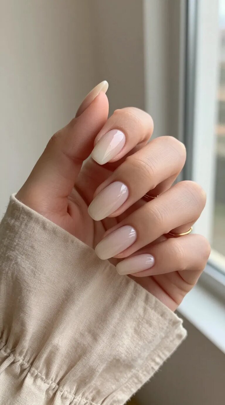 Ultra-realistic close-up photo of a hand with elegant almond-shaped nails painted in a soft, semi-sheer milky beige. The polish has a cushiony, jelly-like depth with subtle translucency—no visible streaks, 2–3 thin layers—creating a clean-girl, expensive, effortless look. Natural, healthy cuticles and luminous skin. Soft daylight coming from a window, gentle highlights on the curved nail surfaces, shallow depth of field. Minimalist setting: neutral beige linen blouse sleeve and a delicate gold ring to suggest everyday chic. Background softly blurred in warm beige tones. Editorial beauty photography, high resolution, true-to-color, refined, modern, understated luxury.