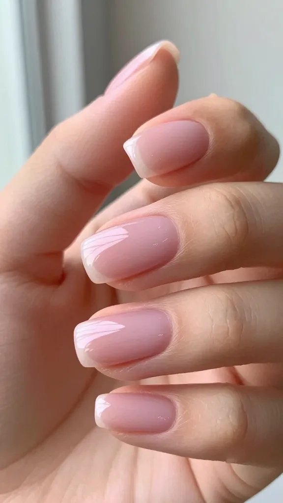 Ultra-realistic close-up photo of a hand with short, natural-shaped nails painted in a barely-there sheer pink jelly polish. The polish has a cool-to-neutral undertone, remains translucent so the natural nail and subtle nail line softly peek through, and is applied in two thin coats with a high-shine, glassy top coat. The finish is smooth, glossy, and pristine—no visible brushstrokes. Skin tone is neutral-light to medium with soft, healthy cuticles, and the hand looks clean and professional. Lighting is soft daylight from a window, creating gentle highlights that emphasize the glossy surface without harsh reflections. Background is minimal and monochrome (light gray or off-white) with a faint blurred desk accessory to evoke a polished, office-ready vibe. Composition focuses tightly on the nails and fingertips, showcasing the natural translucency, even wash of color, and elegant simplicity of the look. Photographic style: high-resolution beauty macro, shallow depth of field, color-true, editorial-quality.