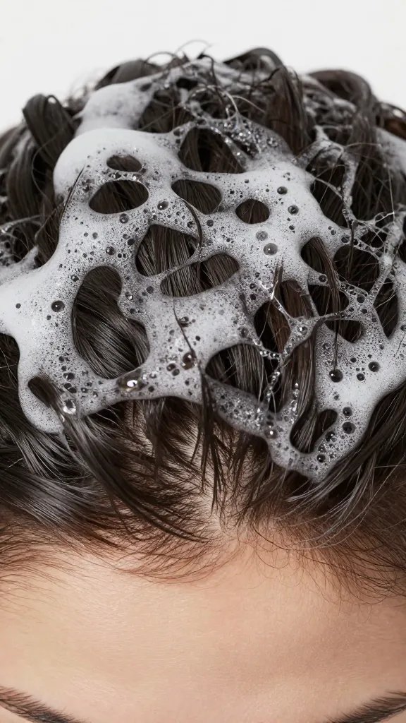 closeup of oily scalp with clarifying shampoo lather