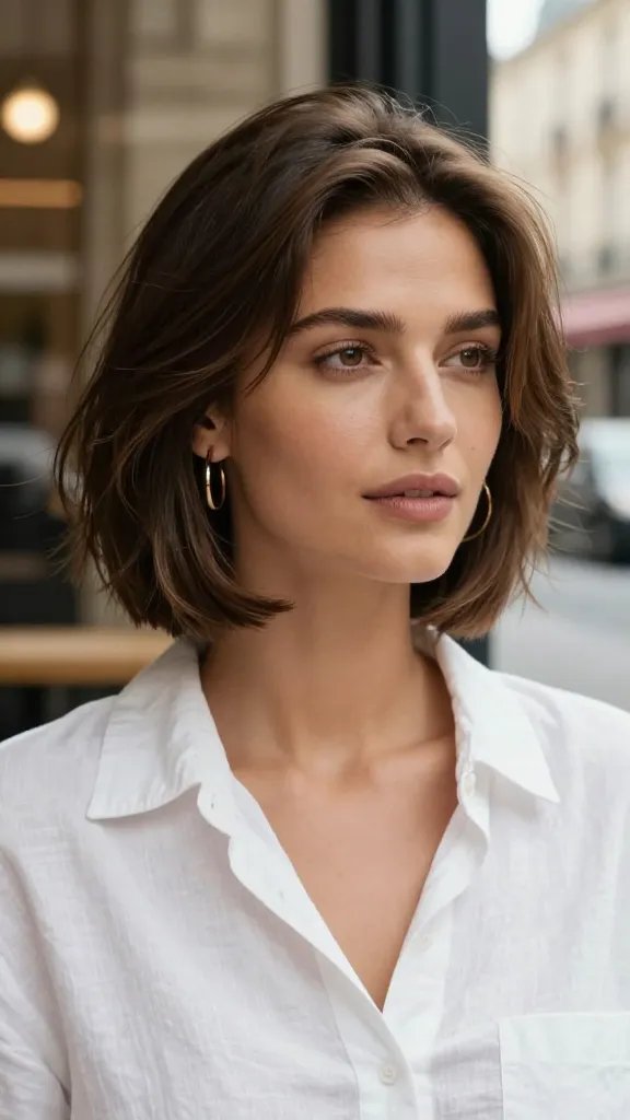 Ultra-realistic photo of a woman named Short wearing an airy French bob: a chin-skimming, blunt-perimeter cut with soft, piecey ends that frames her face and shows off her neck. Short has an oval face, fair-to-medium skin tone, and natural brunette hair with subtle sunlit highlights, styled by air-drying with a light sea salt spray to create a breezy, cool-girl texture and gentle, subtle bends. She’s shot in soft natural morning light near a café window, minimal makeup (fresh skin, brushed brows, sheer lip), delicate gold hoop earrings, and a crisp white linen shirt with the collar open to emphasize the neck. Background softly blurred (bokeh) with hints of a Parisian street, muted neutrals and warm tones. Composition: tight three-quarter portrait, eye-level angle, hair movement slightly lifted by a gentle breeze. Photorealistic skin texture, true-to-life hair strands, shallow depth of field, professional color grading. 50mm lens, f/2.2, ISO 200, natural light only, editorial-quality, high resolution.