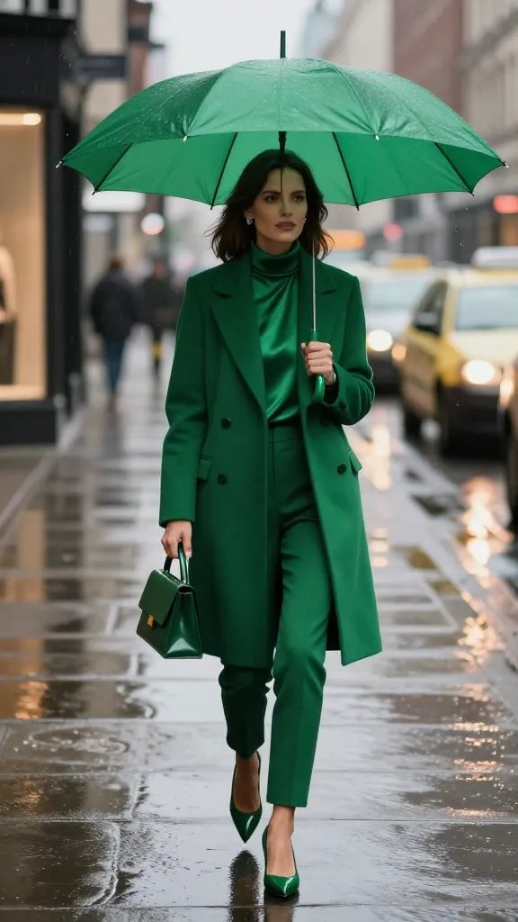 Realistic street-fashion photo on a rainy city sidewalk at dusk featuring a woman in a fully monochrome emerald look with Umbrella as the main subject: a glossy emerald dome Umbrella centered in frame, its curved handle and trim precisely matching her patent leather emerald pumps and structured mini bag; she wears a tailored emerald wool coat over a silk turtleneck and slim trousers, subtle tonal variations for depth; soft drizzle visible as sharp raindrops against blurred bokeh lights, wet pavement reflecting emerald tones; confident mid-stride pose, Umbrella slightly tilted to catch light, face softly lit; background of upscale storefronts and taxis out of focus; color palette locked to emerald with minimal neutrals (skin tone, silver jewelry); high-resolution, editorial street-style realism, shallow depth of field, natural cinematic lighting, crisp fabric textures and Umbrella canopy sheen, 50mm lens, ISO 400, f/2.2, 1/250s.