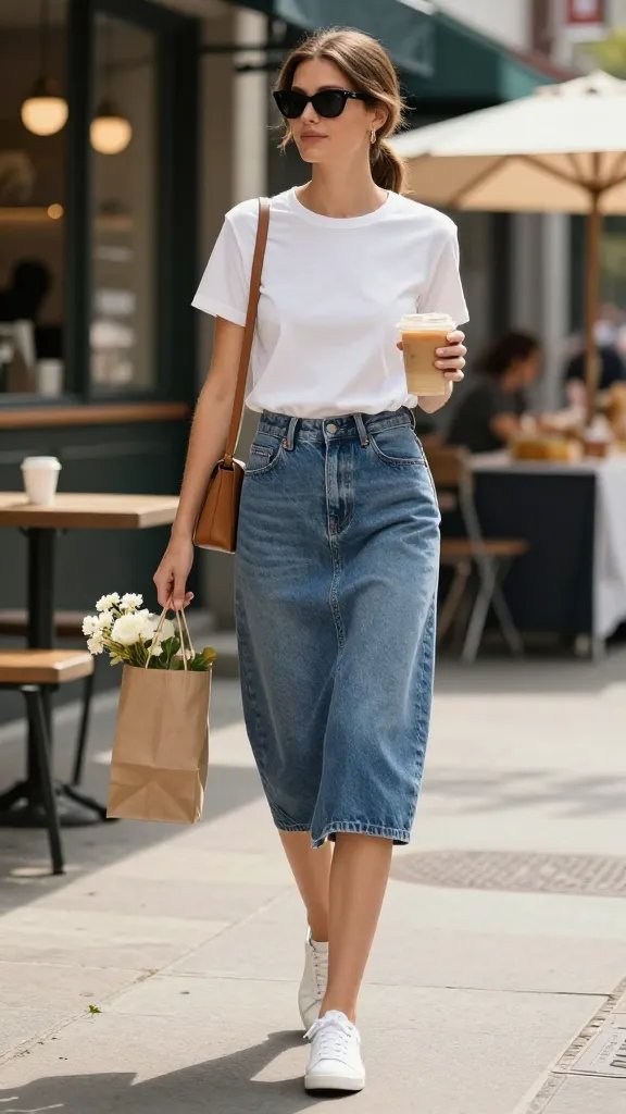Ultra-realistic street-style photo of a woman wearing a “Stylish Skirt” denim look: mid-wash A-line denim Stylish Skirt that hits mid-thigh, paired with a crisp white crew-neck tee neatly half-tucked at the front for shape. Footwear: clean white leather sneakers. Accessories: tan leather crossbody bag, delicate gold hoop earrings, black sunglasses, minimal makeup, natural hair in a low ponytail. Setting: sunny weekend morning in a charming city neighborhood with a local coffee shop and open-air market stalls in the background; soft shadows, warm natural light, shallow depth of field. Pose: mid-walk candid, holding an iced coffee in one hand, a brown paper market bag with flowers in the other. Styling notes: no rips in the denim, subtle stitching, silver button fly; tee slightly relaxed fit; optional tan leather sandals visible on a nearby bench as an alternate styling cue. Color palette: mid-wash blue, crisp white, tan accents, muted urban tones. Shot on a 50mm lens, high-resolution, editorial quality, lifelike skin texture, photorealistic.