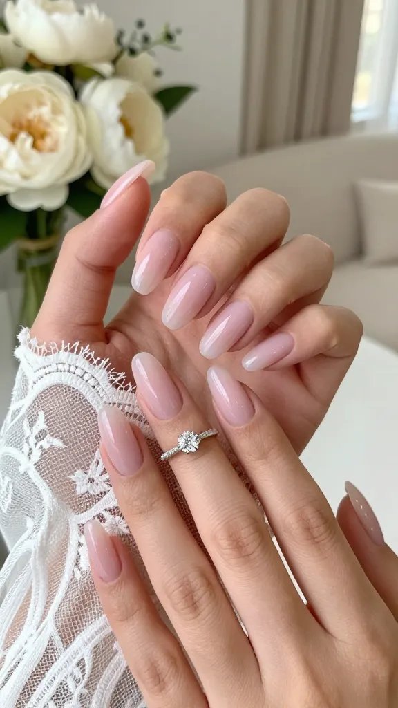 Ultra-realistic close-up photo of “Wedding Acrylic” nails on a bride’s hand: soft, sheer blush-pink acrylic overlay with a glossy finish on medium-length squoval tips, subtly translucent to show natural nail bed. The bride’s hand rests lightly on a white lace veil and holds a delicate platinum engagement ring with a round-cut diamond that catches soft window light. Background is a softly blurred bridal suite with ivory tones, peony bouquet bokeh, and warm natural daylight for a clean, elegant look. Skin tone inclusive lighting that flatters all complexions, no harsh shadows. Focus on the “Wedding Acrylic” details—smooth cuticles, uniform squoval shape (rounded corners, flat edge), pristine high-shine top coat resisting lace snags. Color palette: sheer pink, ivory, platinum, soft neutrals. Shot on a full-frame camera, 85mm lens, f/2.0 for shallow depth of field, high-resolution, editorial bridal beauty style.