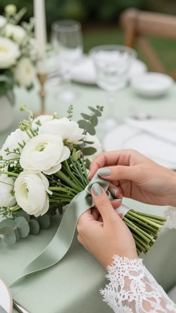 Ultra-realistic photo of a Green Wedding moment: the bride’s hands with short, oval nails in sheer sage gel topped with a velvet (satin-matte) finish, softly glowing in natural daylight. Hands are gently holding a small bouquet of white ranunculus and eucalyptus over a silk sage-green ribbon, with a delicate lace bridal sleeve slightly in frame. Background shows a serene garden brunch wedding setup—sage table runners, white porcelain, crystal coupe glasses, and soft bokeh greenery—subtly out of focus to spotlight the sage silk sheen nails. Color palette: muted sage, ivory, soft taupe. Lighting: diffused morning light for a tender, elegant mood. Camera: 85mm lens, shallow depth of field, high resolution, editorial bridal style. Emphasize the “Green Wedding” aesthetic, showcasing serene, modern elegance and the satin-like nail finish.