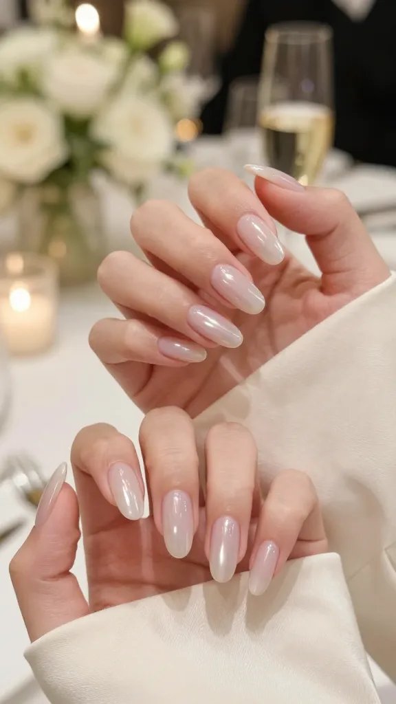 Ultra-realistic, high-resolution photo of “Nails Wedding” featuring a close-up of elegant hands with sheer milky white almond-shaped nails that softly glow; subtle, translucent coverage with a natural pinkish nail bed peeking through for a soft-focus effect. The scene is set at a wedding reception: blurred bokeh lights, ivory florals, and a champagne flute in the background for romantic ambiance. Skin tones are warm and natural, nails impeccably shaped and glossy but not overly reflective. The model lightly holds a cream satin clutch, showcasing the nails against neutral tones that complement any dress color. Soft daylight mixed with warm ambient light for flattering, true-to-life color; shallow depth of field, macro detail on cuticles and nail edges, no harsh shadows. Editorial beauty photography style, 50mm lens look, clean composition, luxurious yet understated, chic and low-maintenance elegance that photographs beautifully.