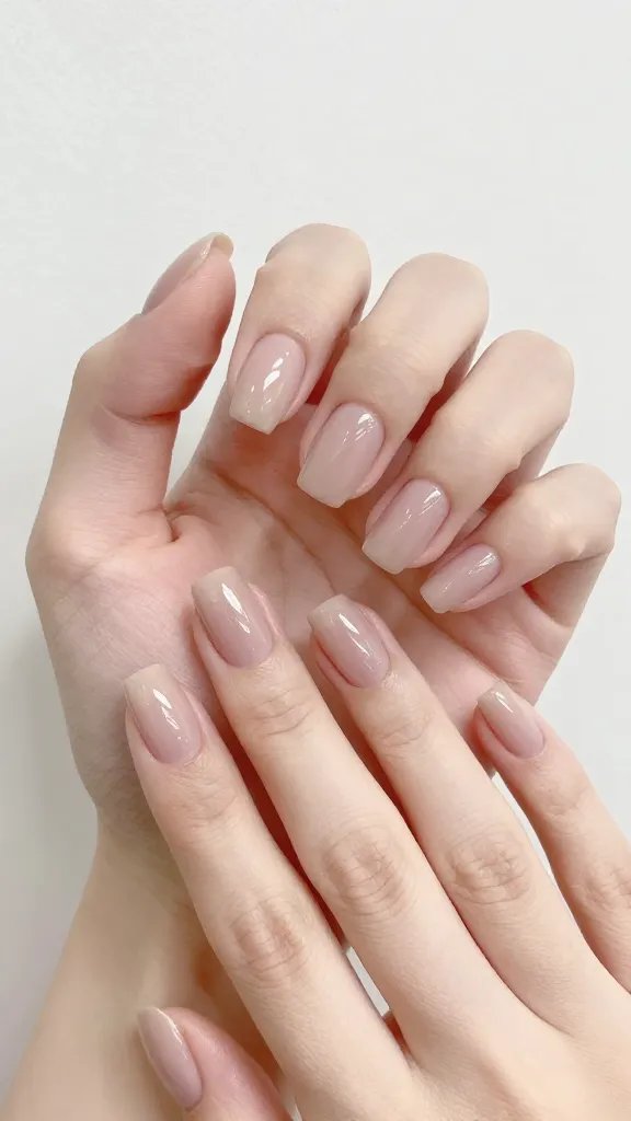Balanced hand, soft square nails, nude polish.