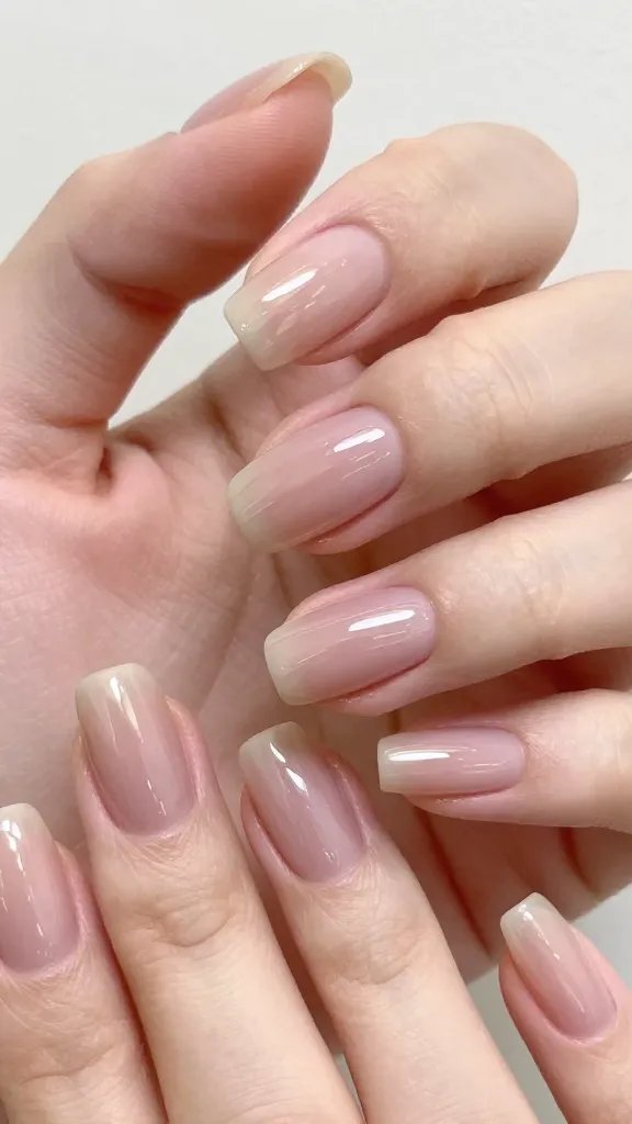 Close-up, long fingers, round nails, subtle design.