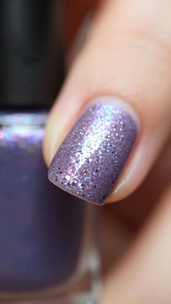 Closeup, glitter nail polish on fingertip.
