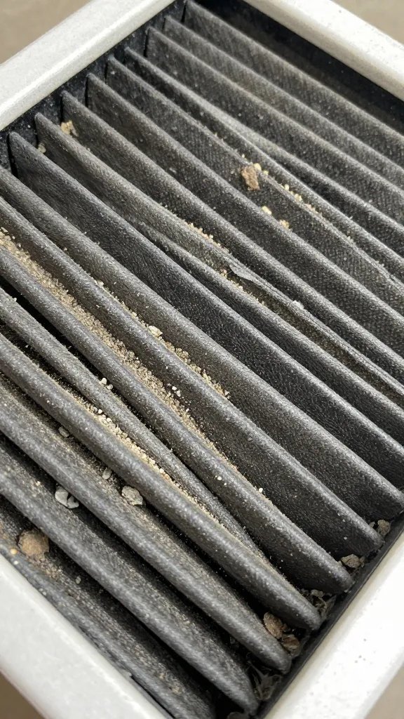 Closeup: dust collector filter heavy with debris