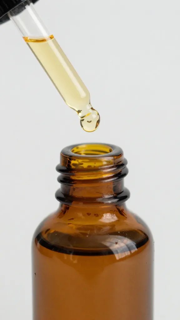 Closeup: amber dropper bottle, golden cuticle oil