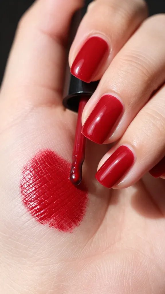 Rogue red nail polish on skin, closeup