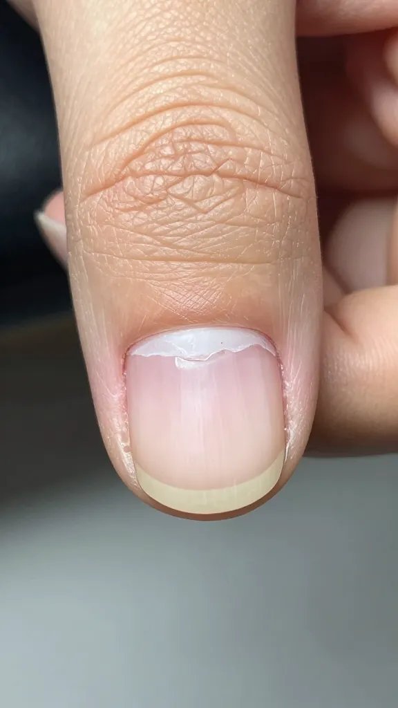 Closeup: damaged, thinned natural nail