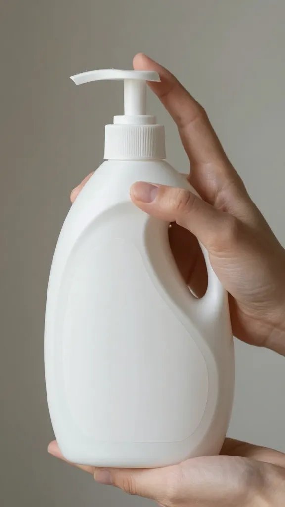 Single bare hand touching detergent bottle