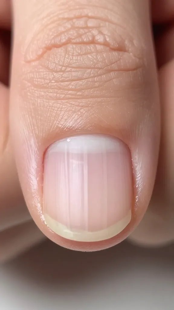 Extreme closeup, single horizontal-ridged fingernail.