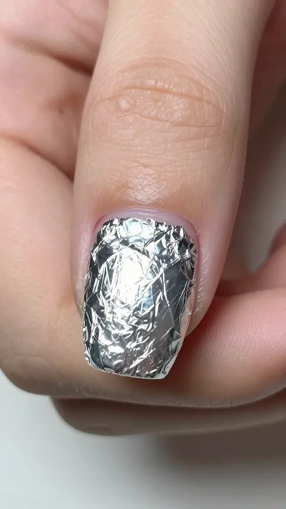 Closeup of foil-wrapped fingernail.