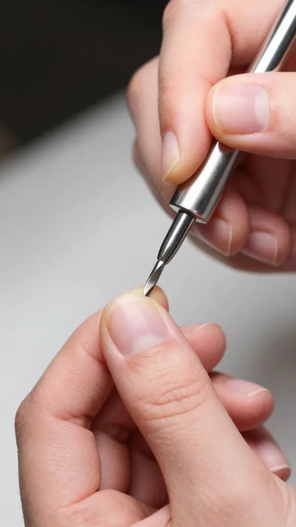 Closeup of cuticle pusher on nail.