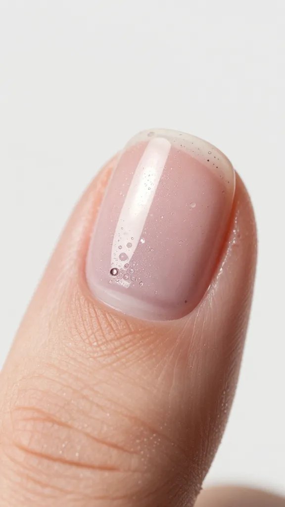 Closeup: bubbled clear nail polish on fingertip.