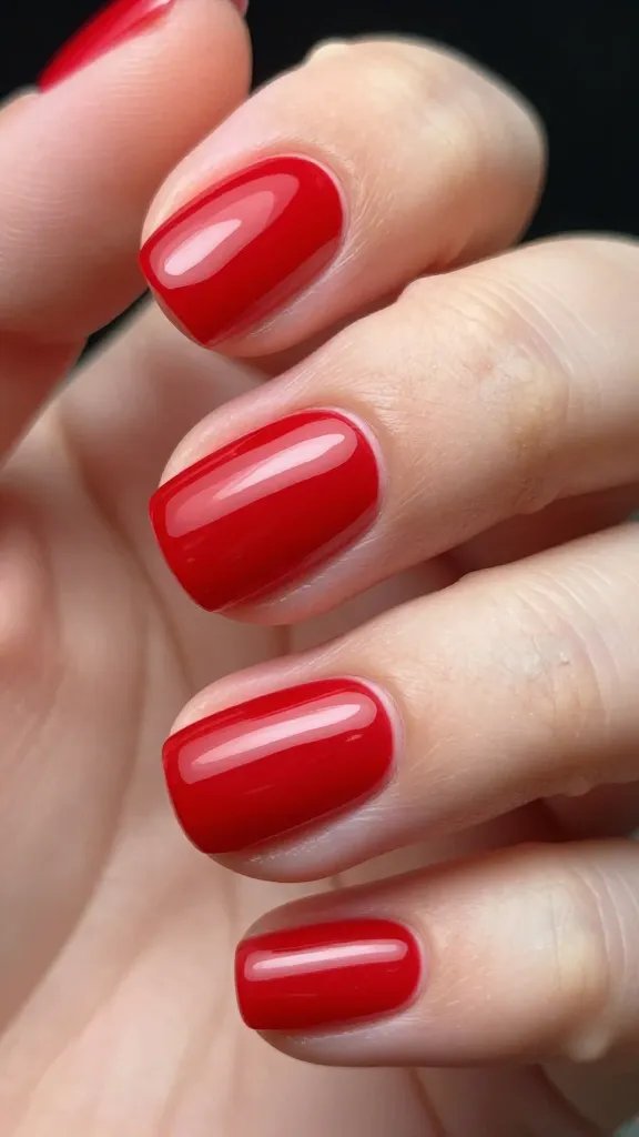 Closeup: perfectly smooth glossy red manicure.