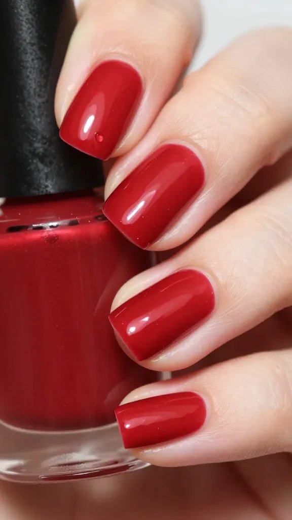 Closeup: thick, gloopy red nail polish.