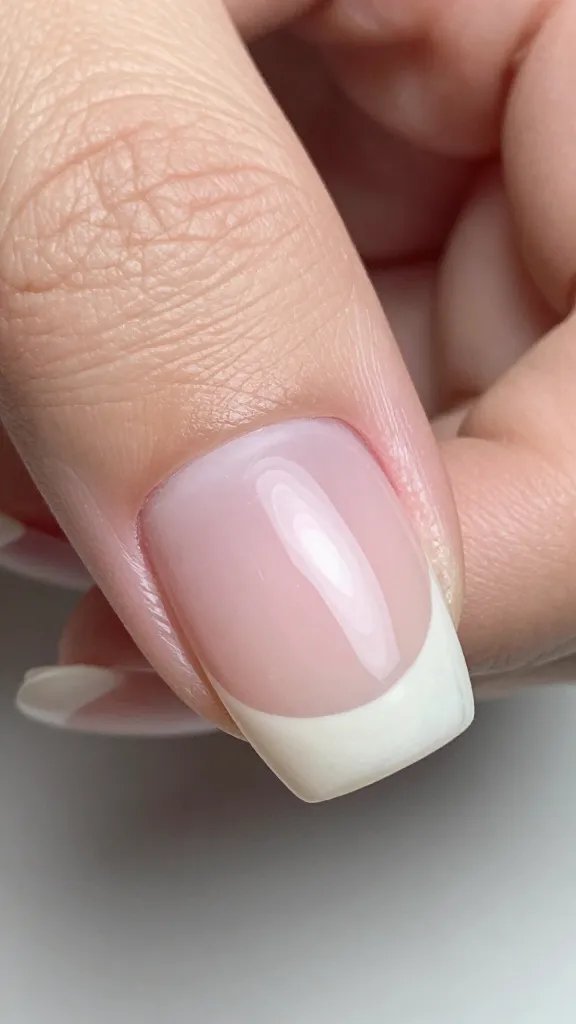 Closeup, single acrylic nail, visible lift.