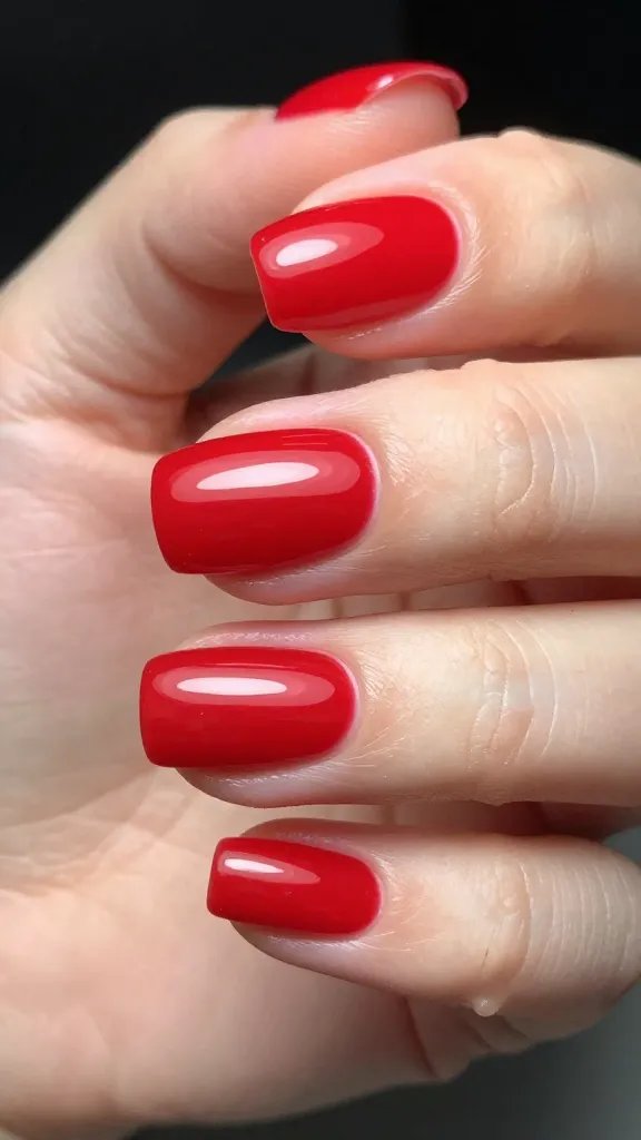 Closeup: perfect glossy red painted nail.