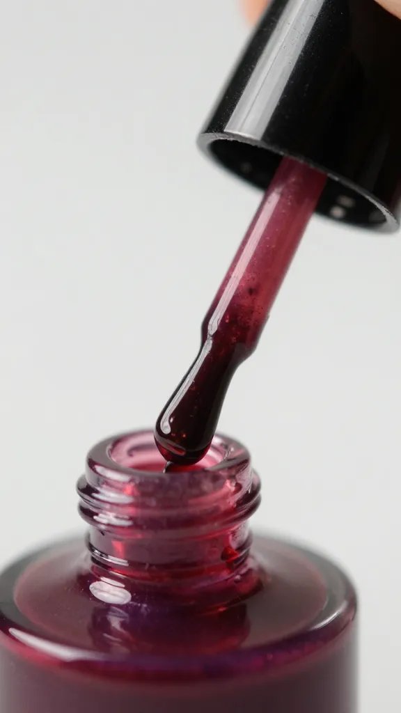 Closeup: nail polish brush with dripping polish.