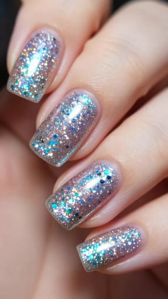 Sparkling glitter manicure, extreme closeup